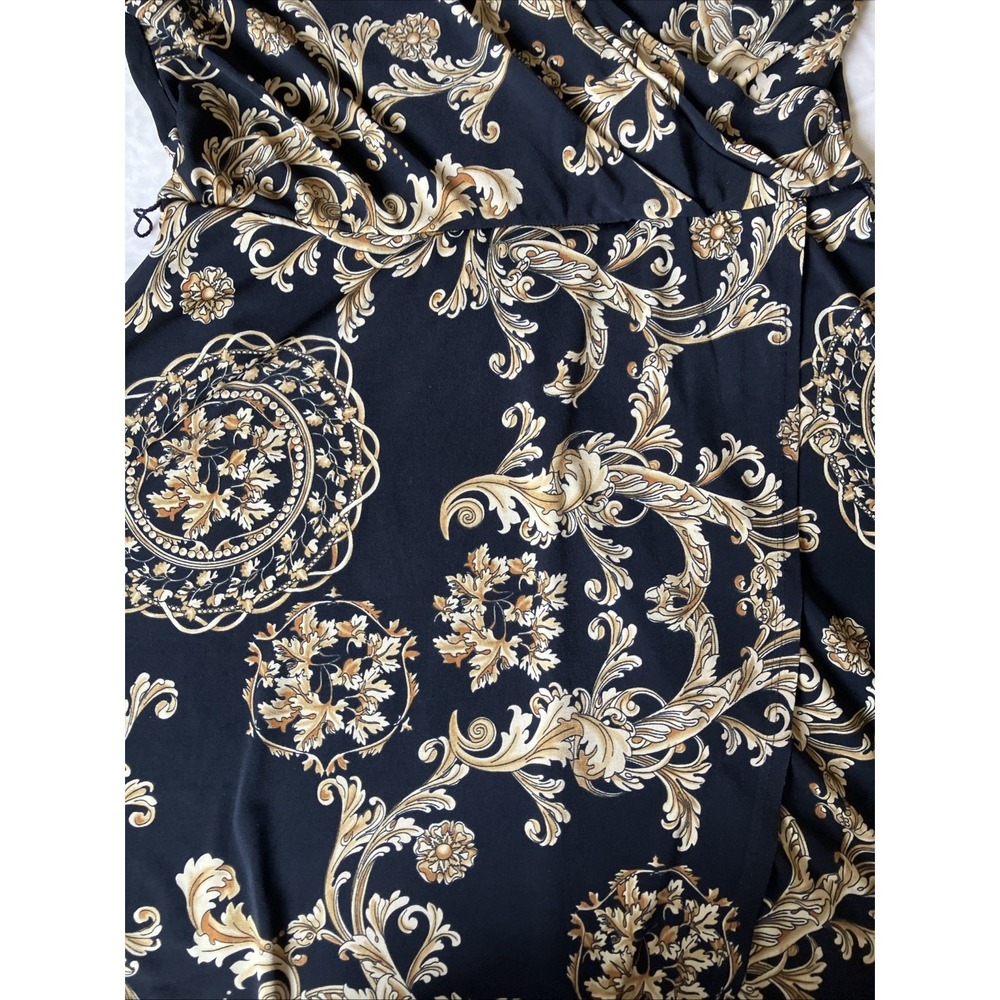 Glam Retro FAUX WRAP DRESS STRETCH Black with Gold Rope Floral Print Old Money - Picture 2 of 5